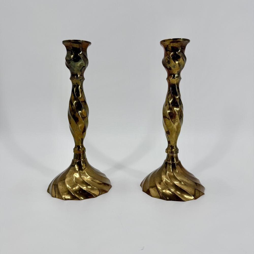 Vintage 70s Solid Brass Ornate Twisted Bohemian Elegant Pair Candle Sticks India